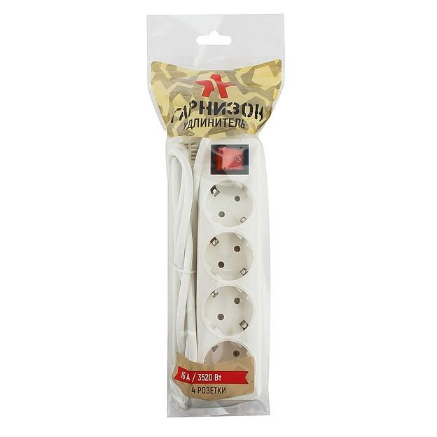 Гарнизон Сетевой фильтр ELB-G4-W-3, 4 евророзетки с выключателем и заземлением, допустимый ток 16А, длина 3м. фото 2