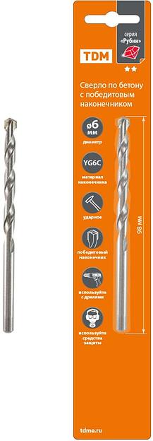 Сверло по бетону, ударное, 6×98 мм, победит. након, цилиндр. хвост "Рубин" TDM фото 1