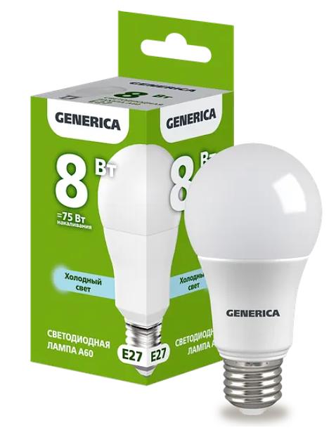 Лампа светодиодная A60 груша 8Вт 230В 6500К E27 GENERICA ОПТ фото 1