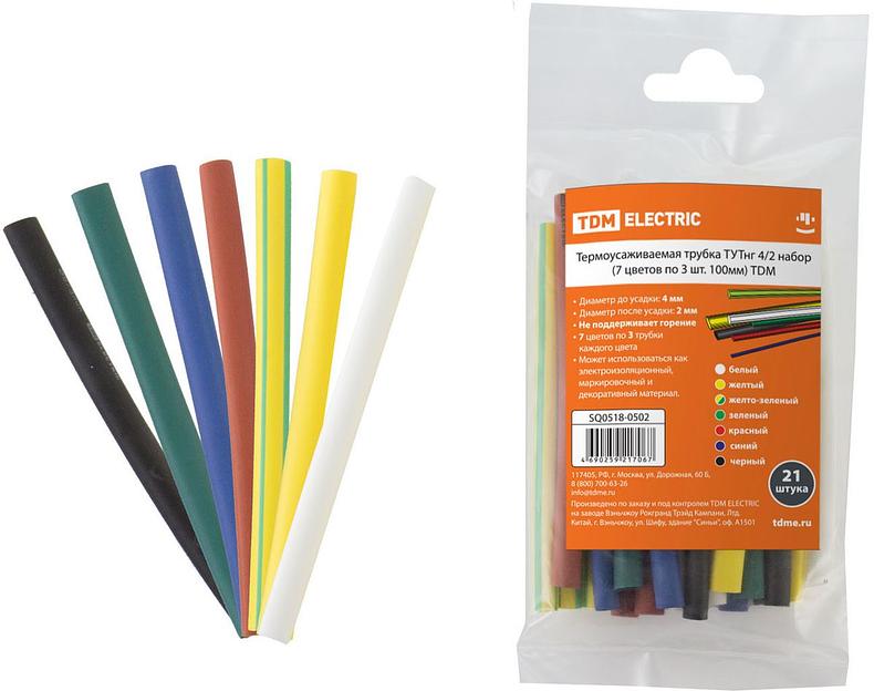 Термоусаживаемая трубка ТУТнг 4/2 набор (7 цветов по 3 шт. 100мм) TDM фото 1
