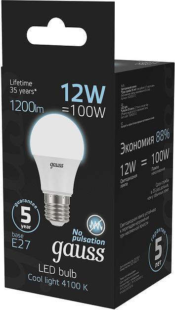 Лампа светодиодная Gauss A60 12Вт цок.:E27 шар 220B 4100K св.свеч.бел.ней. A60 (упак.:10шт) (102502212) фото 5