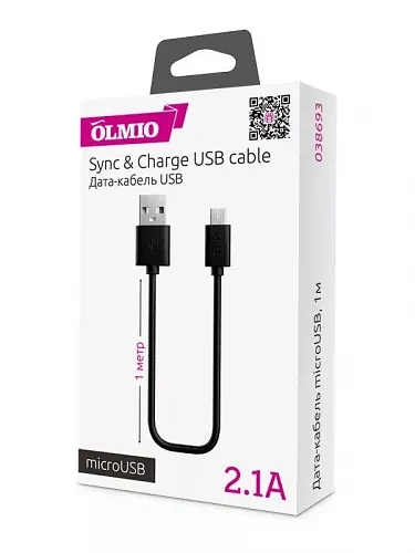 Кабель Olmio USB 2.0 - microUSB  1м  2.1A  черный фото 1