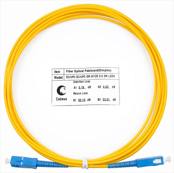 Комм. шнур оптический Cabeus Tight Buffer, Simplex SC/SC, OS2 9/125, LSZH, 3м, Ø 2мм, синий хвостовик, цвет: жёлтый фото 1