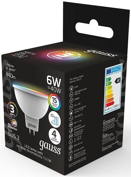 Лампа светодиодная Gauss 101105406 6Вт цок.:GU5.3 софит 175B св.свеч.RGB MR16 (упак.:1шт) фото 3