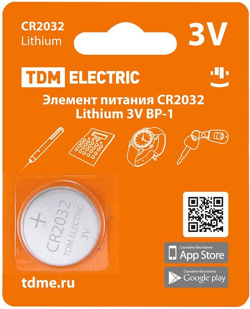 Элемент питания CR2032 Lithium 3V BP - 1 шт TDM фото 1