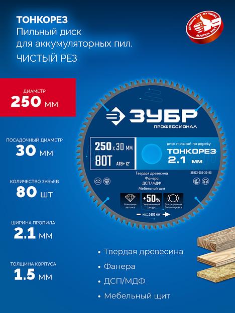 ЗУБР Тонкорез 250х30 x 2.1 мм, 80Т, диск пильный по дереву тонкий рез, Профессионал (36933-250-30-80) фото 3