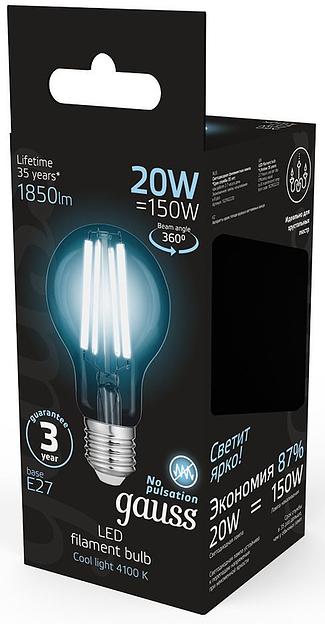 Лампа светодиодная Gauss Filament 102902220 20Вт цок.:E27 груша 220B 4100K св.свеч.бел.нейт. (упак.:1шт) фото 5