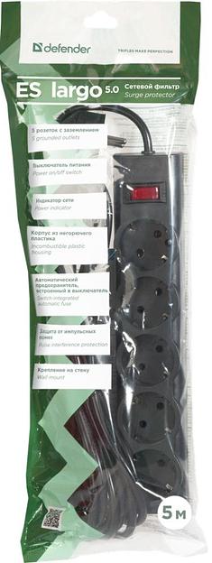 Der ES largo 5,0 м, черный, 5 розеток (пакет) Defender ES largo (5 м, 5 розеток) (99499) фото 1