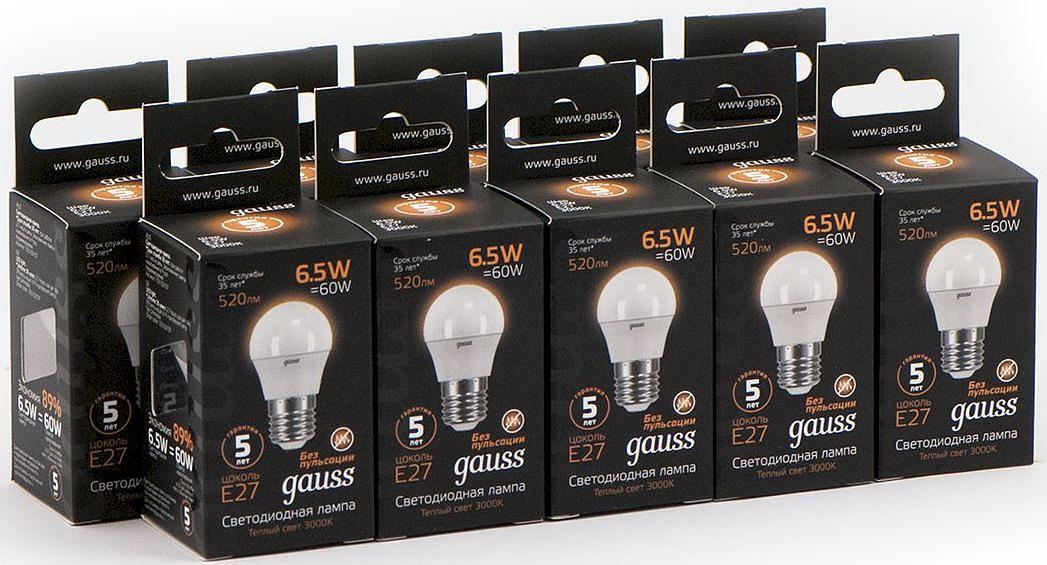 Лампа светодиодная Gauss Black 6.5Вт цок.:E27 шар 220B 3000K св.свеч.бел.теп. G45 (упак.:10шт) (105102107) фото 5