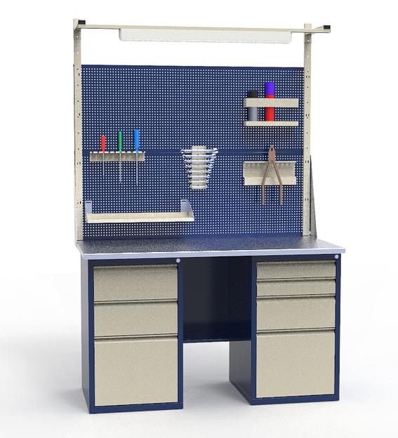 Верстак СВ-2Т.03.04.14_сб7 слесарный  для мастерской с тумбами, экранами и рамой освещения фото 1