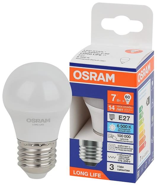 Лампа светодиодная LED 7Вт Е27 6500К 600Лм шар 220В (замена 60Вт) OSRAM фото 1