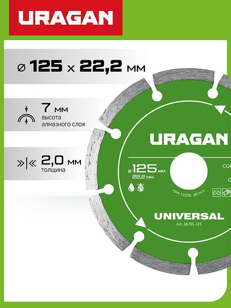 URAGAN UNIVERSAL 125 мм, диск алмазный отрезной сегментный (36705-125) фото 2