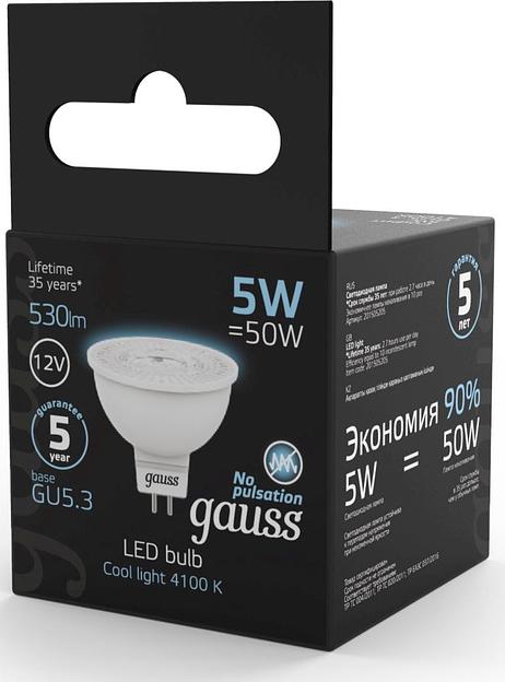Лампа светодиодная Gauss Black 5Вт цок.:GU5.3 рефлек. 12B 4100K св.свеч.бел.нейт. MR16 (упак.:10шт) (201505205) фото 4