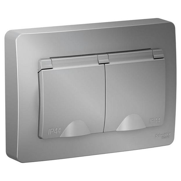 Розетка 2-м СП Blanca 16А IP44 250В с заземл. защ. шторки с крышкой алюм. SE BLNRS441123 фото 1
