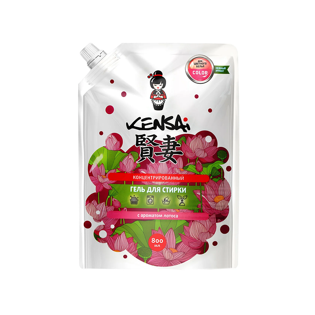 Средство моющее синтетическое жидкое (концентрированный гель) Kensai для стирки цветного белья с ароматом лотоса, сменный блок 800 мл опт фото 2