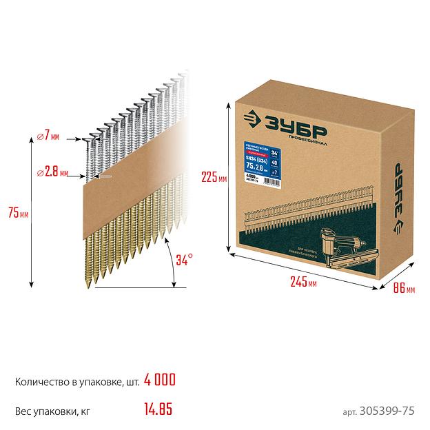 ЗУБР SN34 (D34) 75 х 2.8 мм, реечные гвозди рифленые оцинкованные, 4000 шт (305399-75) фото 5