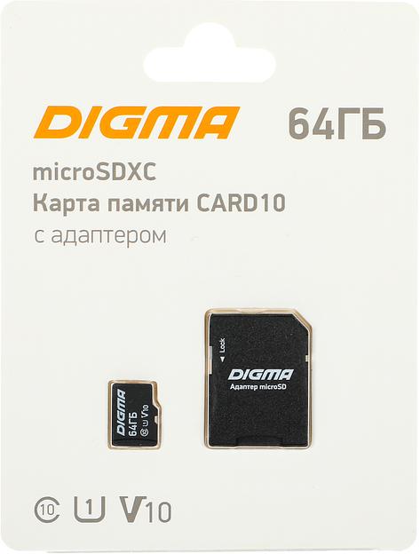 Флеш карта microSDXC 64Gb Class10 Digma CARD10 + adapter фото 1