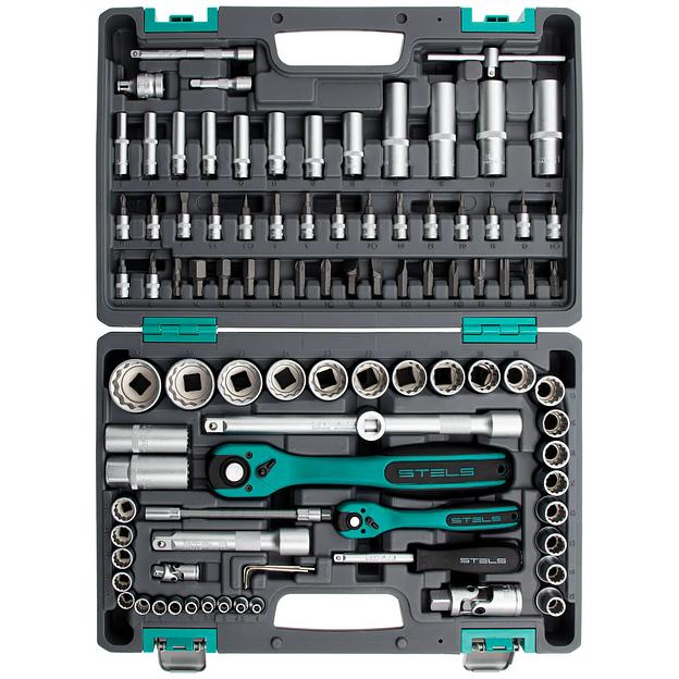 Набор инструментов 1/2, 1/4, CrV, 12 гранные головки, пластиковый кейс, 94 предмета фото 3