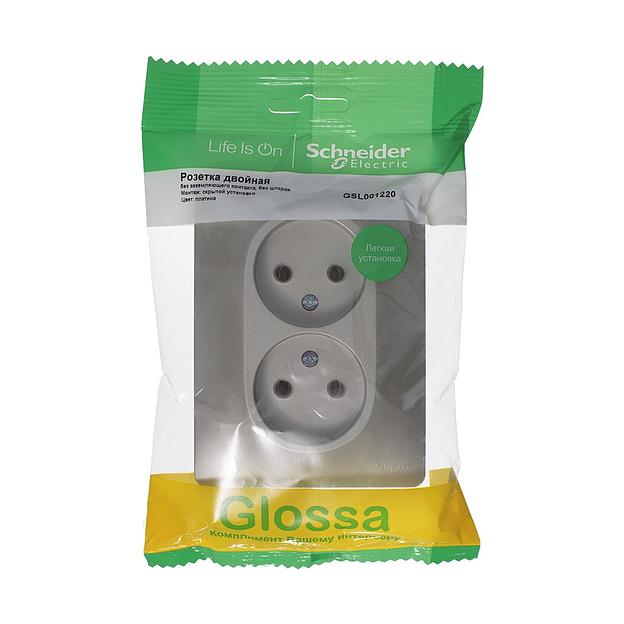 Systeme electric GSL001220 GLOSSA РОЗЕТКА двойная без заземления,16А, 250В, в сборе,ПЛАТИНА фото 3