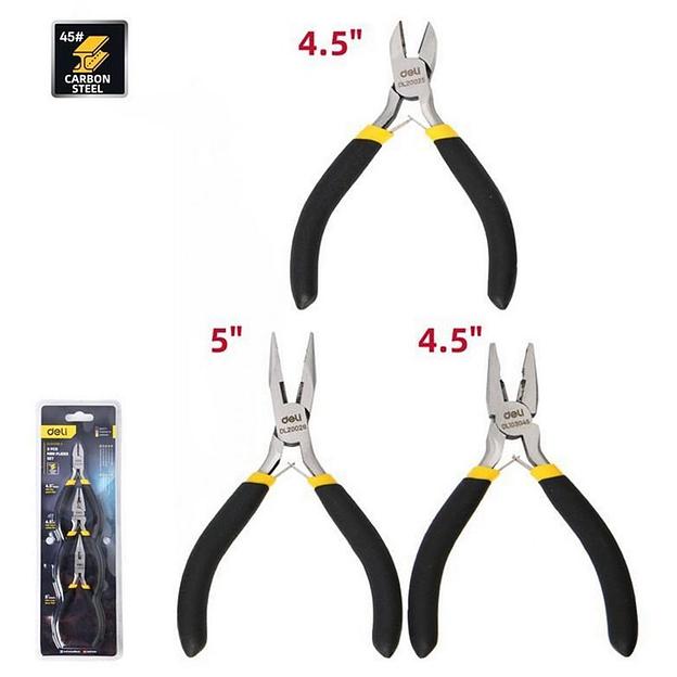Набор мини-плоскогубцев Deli DL103205-3 (комбинированные плоскогубцы 115мм, удлиненные плоскогубцы 125мм, диагональные бокорезы 110мм, прорезиненная ручка) фото 1