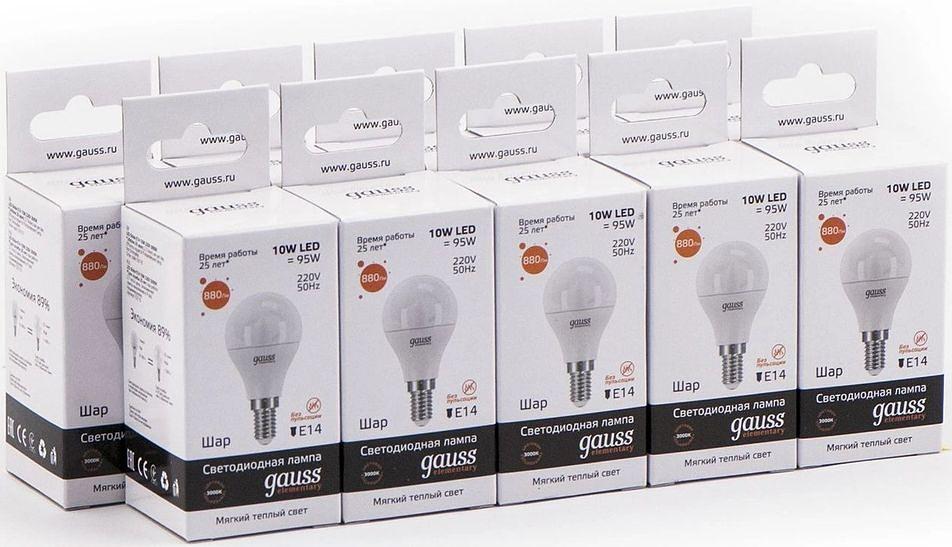 Лампа светодиодная Gauss Elementary 10Вт цок.:E14 шар 220B 3000K св.свеч.бел.теп. (упак.:10шт) (53110) фото 2