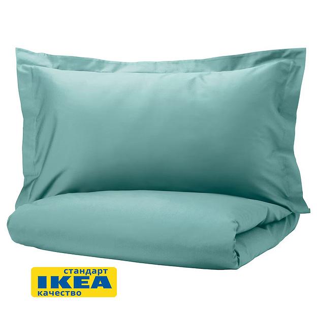 Пододеяльник 1,5 спальный, наволочка ЛЮТЕСМИО (ИКЕА ЛЮКТЭСМИН) 150x200/50x70, серо-бирюзовый, сатин KL-10484436 фото 1
