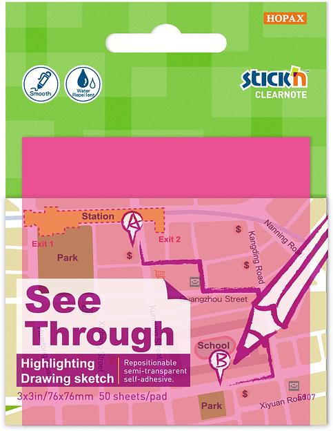 Блок самоклеящийся пластиковый Stick`n Clearnote 21711 76x76мм 50лист. пурпурный неон прозрачный фото 1