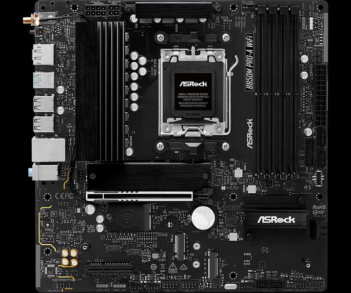 Материнская плата ASROCK B850M PRO-A WIFI, AM5, B850, 4*DDR5, 4*SATA, 4*M.2, 4*USB 2.0, 3*USB 3.2, 2*Type-C, 2*PCIx16, 1*M.2 (Key E), HDMI+DP, mATX фото 1
