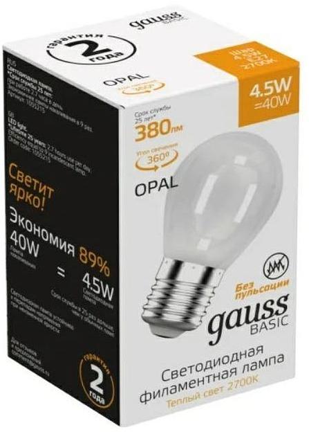 Лампа светодиодная Gauss Basic 1055215 4.5Вт цок.:E27 шар 220B 2700K св.свеч.бел.теп. (упак.:10шт) фото 1