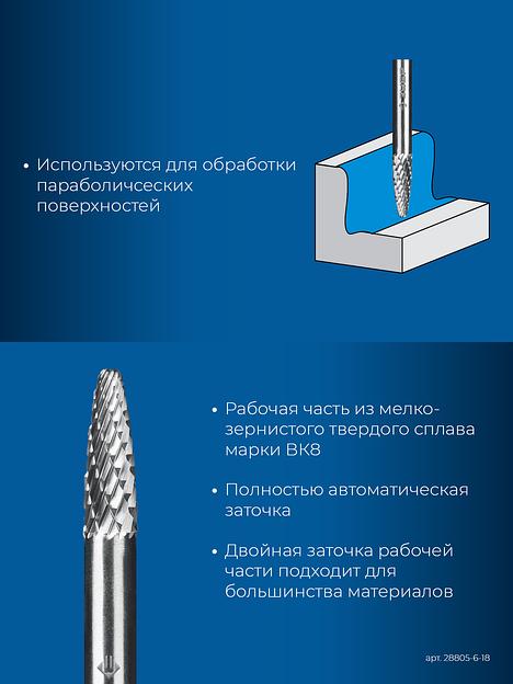 ЗУБР 6х18 мм, тип F (парабола с закругленным углом, радиус 1.5 мм), хв-к 6 мм, твердосплавная борфреза, ПРОФЕССИОНАЛ (28805-6-18) фото 7