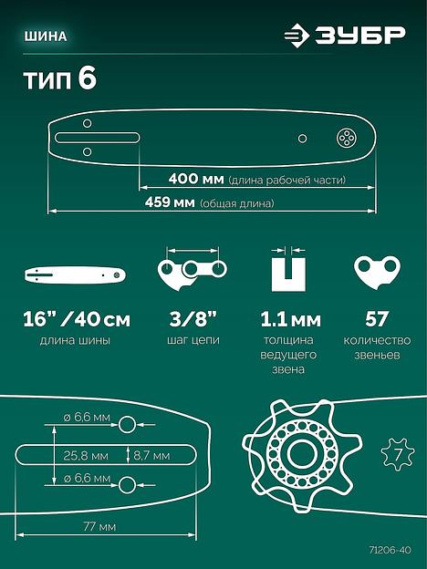 ЗУБР тип 6, 40 см, шаг 3/8″, паз 1.1 мм, 57 звеньев, шина (71206-40) фото 3