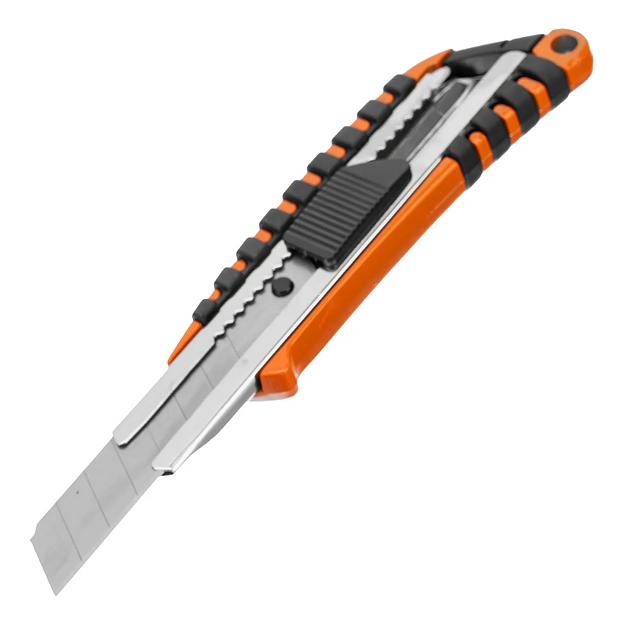 Нож, 18 мм выдвижное лезвие металлическая направляющая, метал. двухкомпонентный корпус фото 1