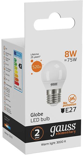 Лампа светодиодная Gauss Elementary 8Вт цок.:E27 шар 220B 3000K св.свеч.бел.теп. (упак.:10шт) (53218) фото 4