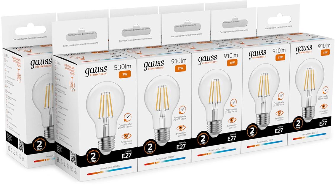Лампа филам. Gauss Filament 7Вт цок.:E27 груша св.свеч.бел.теп. (упак.:10шт) (22217) фото 3
