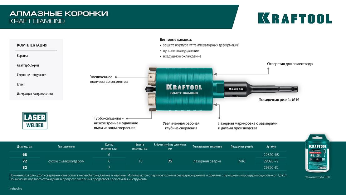 KRAFTOOL DIAMOND d 72 мм (сухое сверление с микроударом, глубина сверления 75 мм, лазерная сварка), Алмазная Коронка для подрозетников (29820-72) фото 10