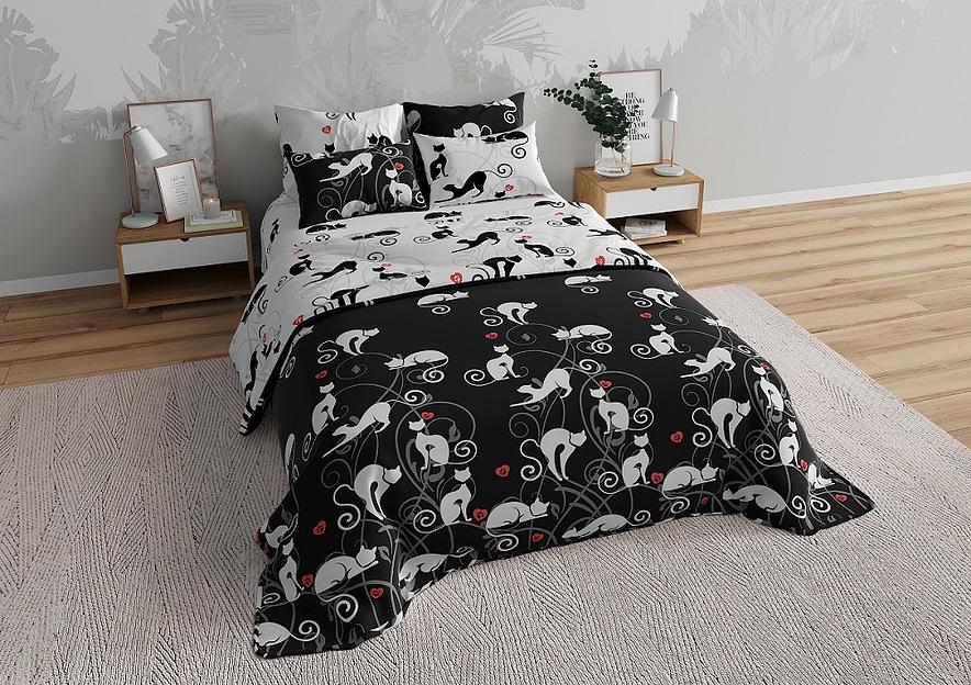 Ткань хлопковая перкаль набивной «Кошки на чёрном» вид 1 с обработкой анти-пиллинг 2.2×33 м фото 1