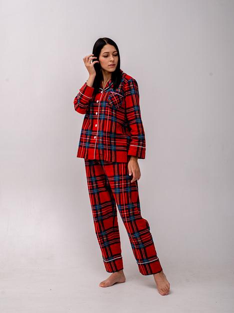 Пижама женская из хлопка с брюками и рубашкой «Красная клетка с синим», Опт фото 1