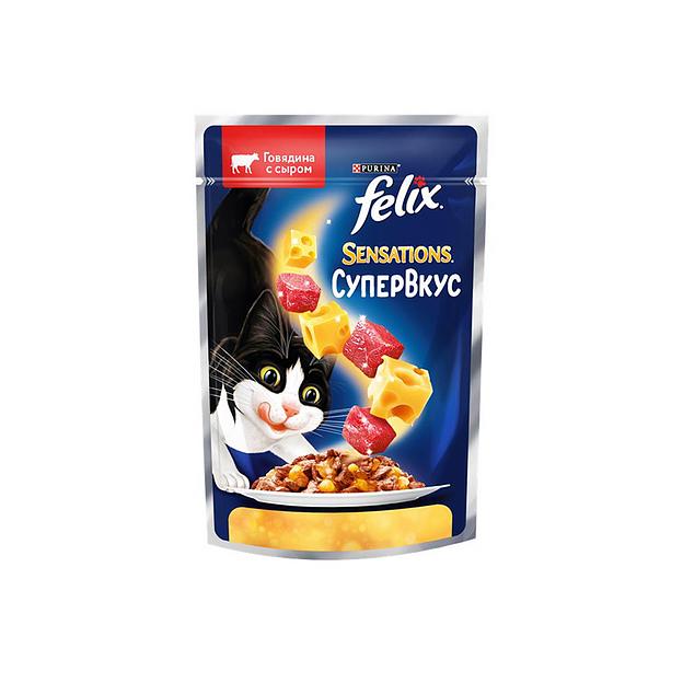Влажный корм для кошек Felix® Sensations® Супервкус со вкусом говядины и сыра, в желе, 85 г фото 1