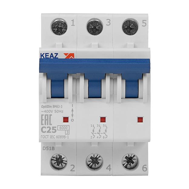 Выключатель автоматический модульный 3п C 25А 6кА OptiDin BM63-3C25-УХЛ3 КЭАЗ 260794 фото 2