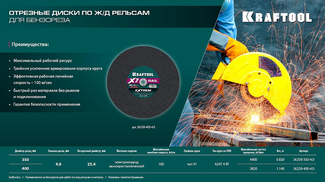 KRAFTOOL X7-EXTREM RAIL 400x4.0 / 25.4 мм по Ж/Д рельсам отрезной диск для бензореза (36258-400-4.0) фото 5