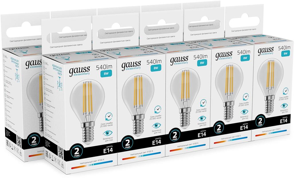 Лампа филам. Gauss Filament 8Вт цок.:E14 шар св.свеч.бел.нейт. (упак.:10шт) (52128) фото 3