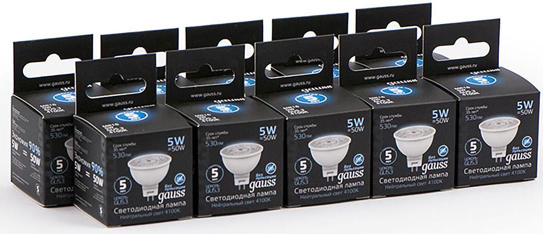 Лампа светодиодная Gauss Black 5Вт цок.:GU5.3 рефлек. 220B 4100K св.свеч.бел.нейт. MR16 (упак.:10шт) (101505205) фото 3