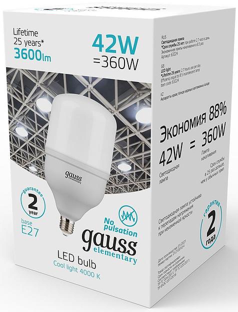 Лампа светодиодная Gauss Elementary T120 42Вт цок.:E27 цилин. 220B 3600K св.свеч.бел.нейт. (упак.:1шт) (63224) фото 4