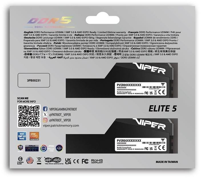 Память DDR5 2x32GB 6000MHz Patriot VEUR564G6028K Viper Elite 5 Ultra RTL PC5-48000 CL28 DIMM 288-pin 1.4В kit single rank Ret фото 7