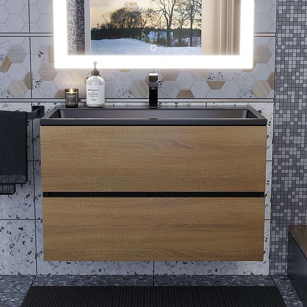 Тумба с раковиной для ванной для ванной Uperwood Barsa 80 см, раковина черная, подвесная тумба черная/дуб сонома  фото 4