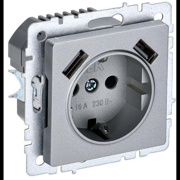 Розетка BRITE РЮш10-2-БрА 16А с USB A+A 3.1А с заземл. защ. шторки алюм. IEK BR-R14-16-U21-D31-K47 фото 1