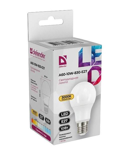 Defender Лампочка светодиодная A60-10W-830-E27 груша, 3000 К, теплый белый, 1 шт. фото 1