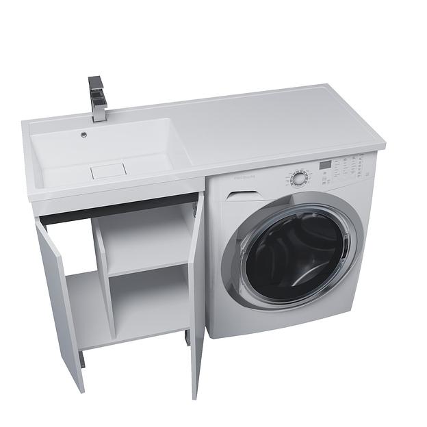 Тумба под стиральную машину с раковиной Uperwood Magenta 60/120 см, напольная, белая/графит, с дверцами, левая фото 2