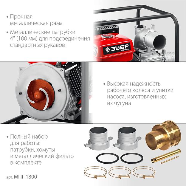Мотопомпа бензиновая для грязной воды Зубр, серия «Мастер» (МПГ-1800) фото 6