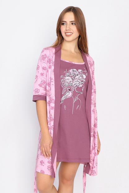 Комплект Style Magro домашний женский «Кострома» сорочка+халат, пудровый, опт фото 1